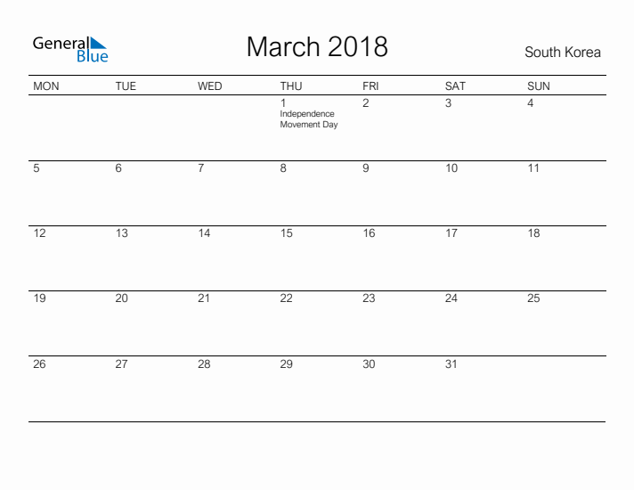 Printable March 2018 Calendar for South Korea