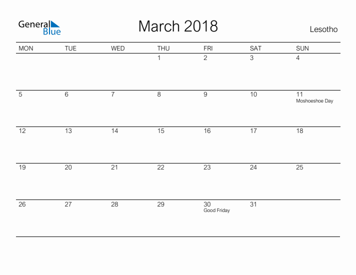 Printable March 2018 Calendar for Lesotho