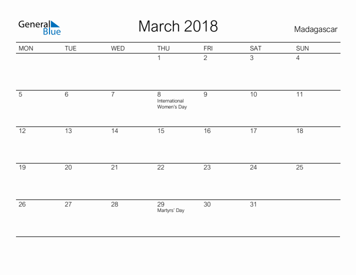 Printable March 2018 Calendar for Madagascar