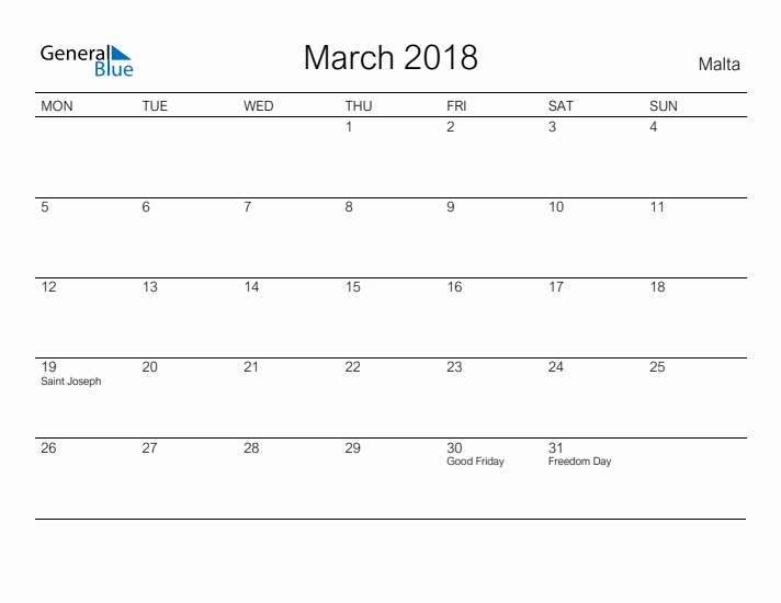 Printable March 2018 Calendar for Malta