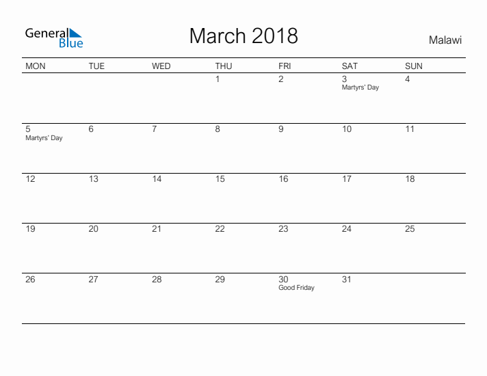 Printable March 2018 Calendar for Malawi