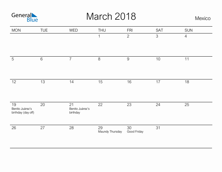 Printable March 2018 Calendar for Mexico