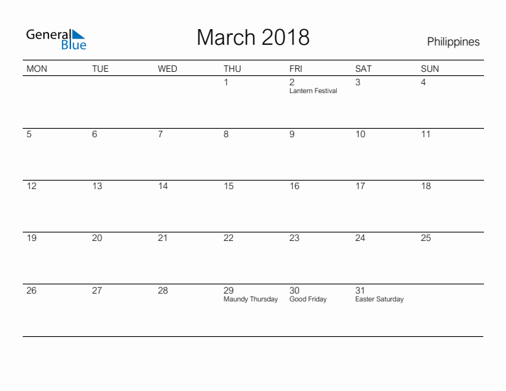 Printable March 2018 Calendar for Philippines