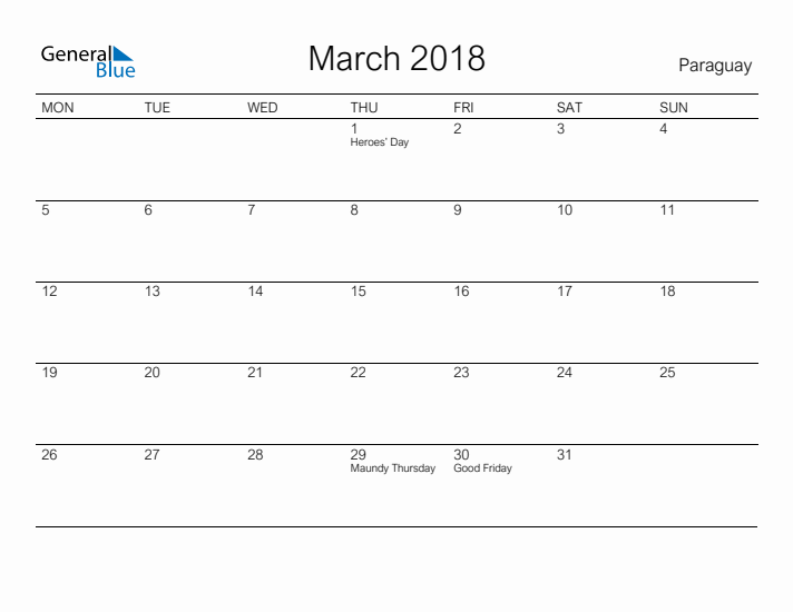 Printable March 2018 Calendar for Paraguay