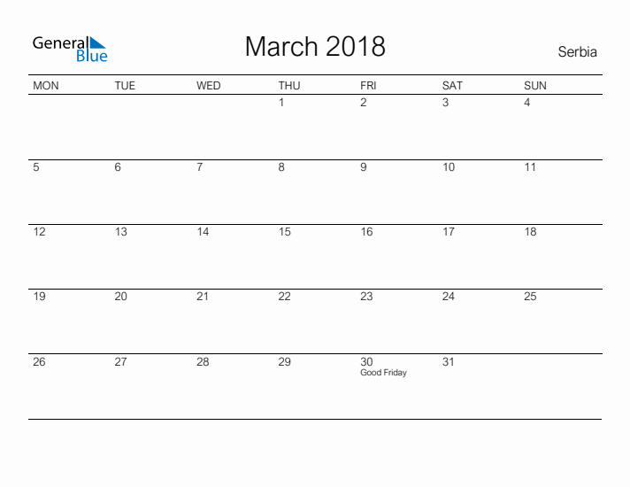Printable March 2018 Calendar for Serbia