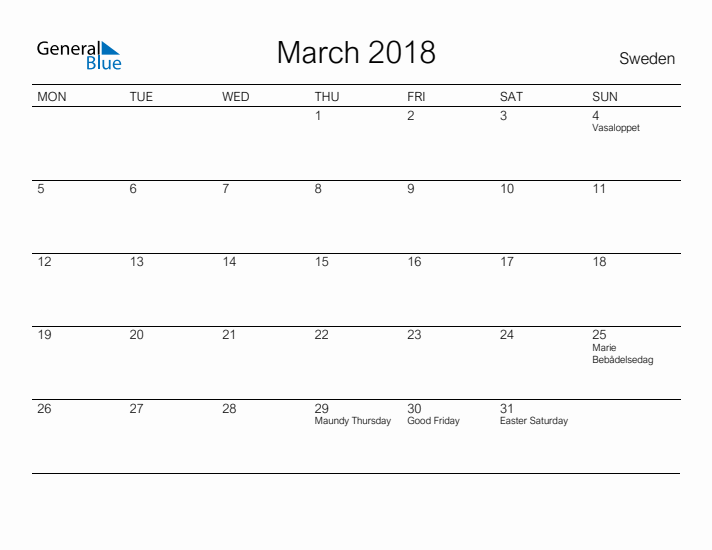 Printable March 2018 Calendar for Sweden