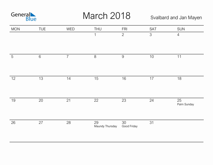 Printable March 2018 Calendar for Svalbard and Jan Mayen