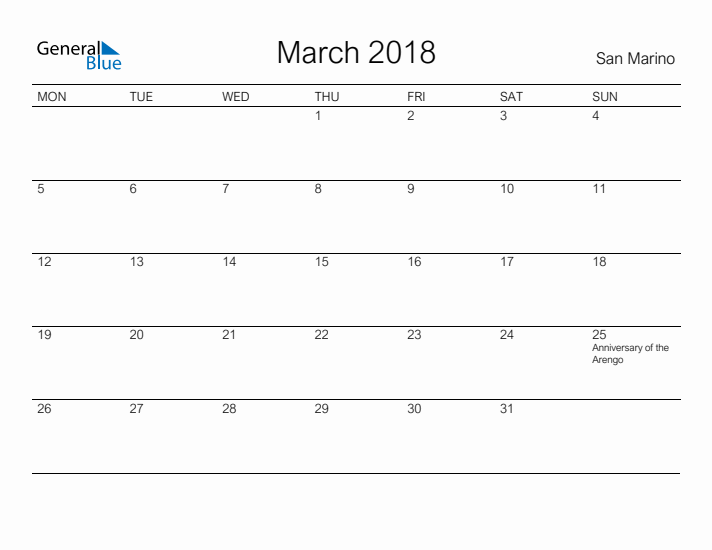 Printable March 2018 Calendar for San Marino