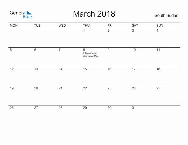 Printable March 2018 Calendar for South Sudan
