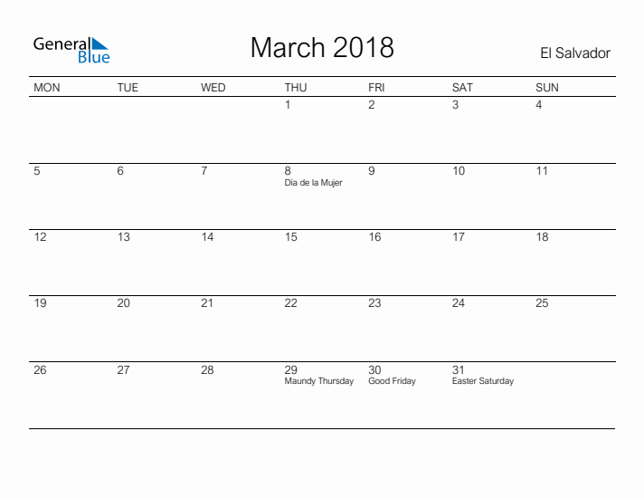 Printable March 2018 Calendar for El Salvador