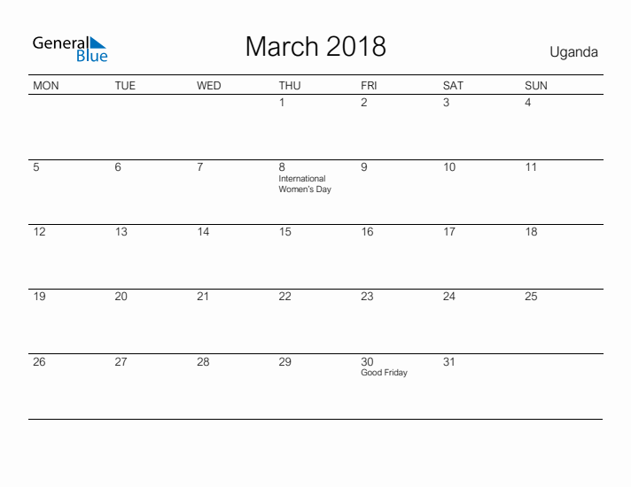 Printable March 2018 Calendar for Uganda