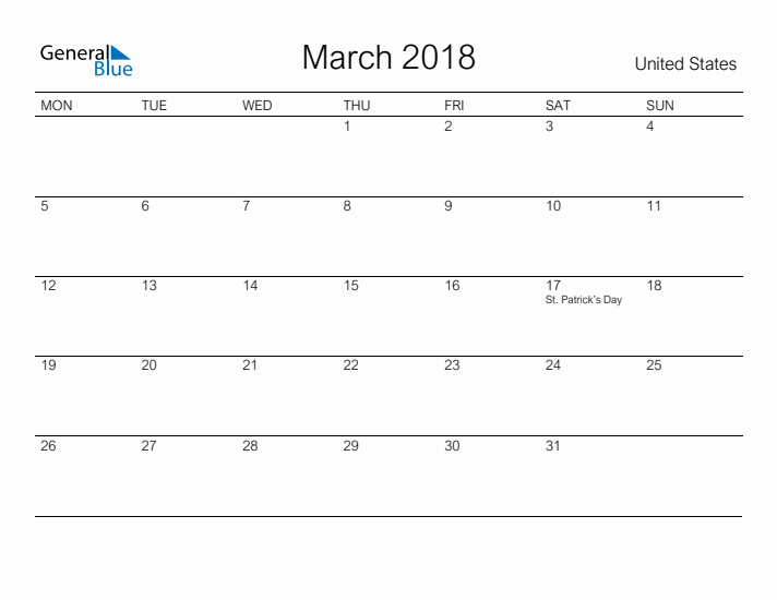 Printable March 2018 Calendar for United States