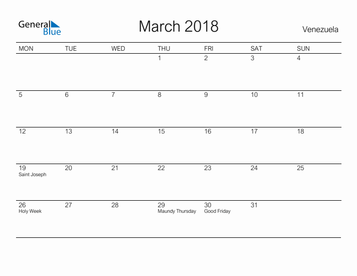Printable March 2018 Calendar for Venezuela