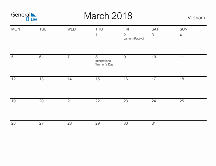Printable March 2018 Calendar for Vietnam