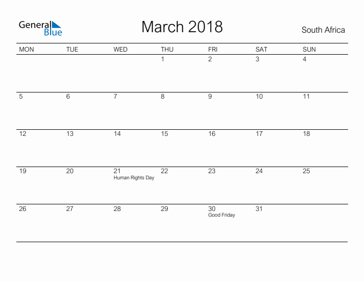 Printable March 2018 Calendar for South Africa