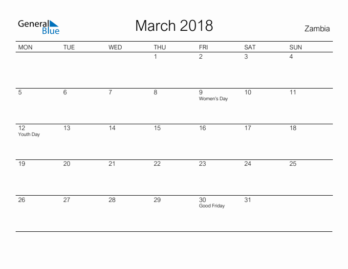 Printable March 2018 Calendar for Zambia