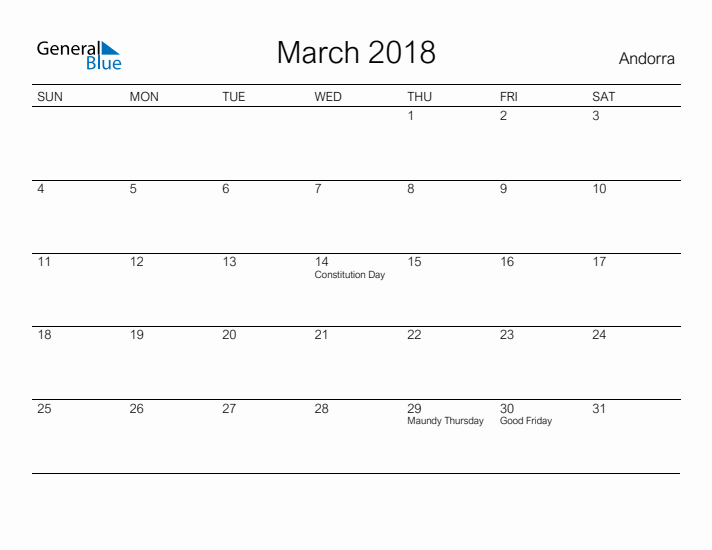 Printable March 2018 Calendar for Andorra