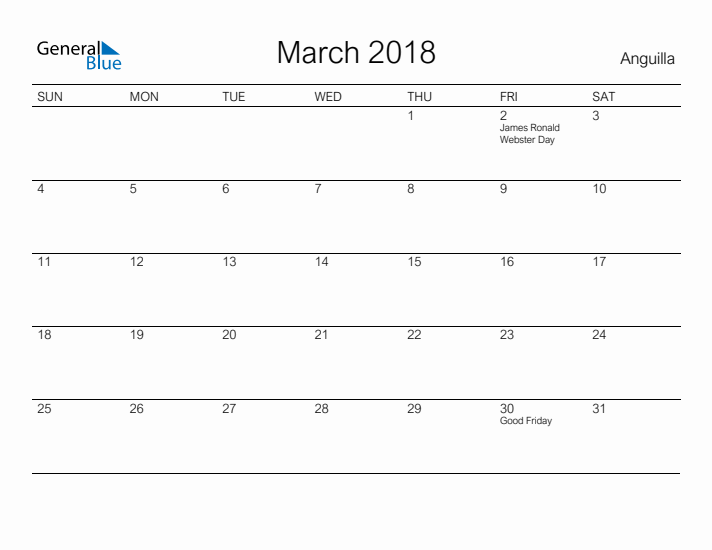 Printable March 2018 Calendar for Anguilla