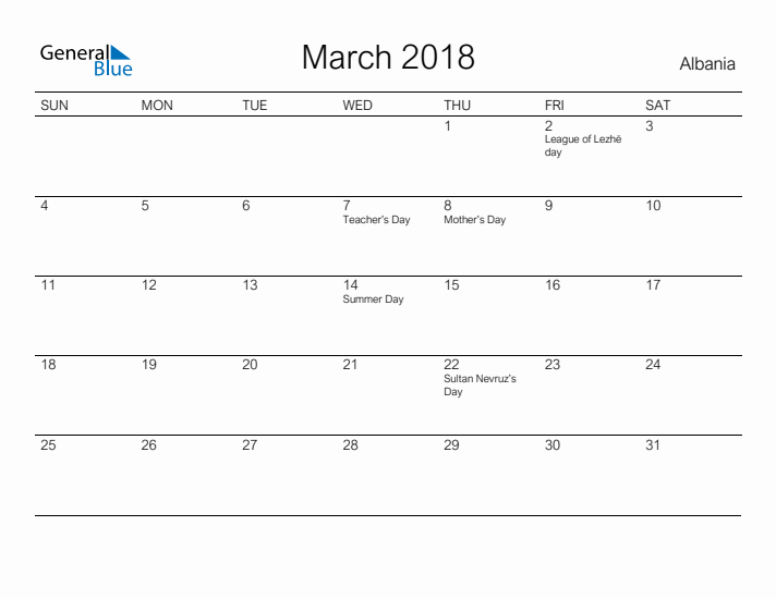 Printable March 2018 Calendar for Albania