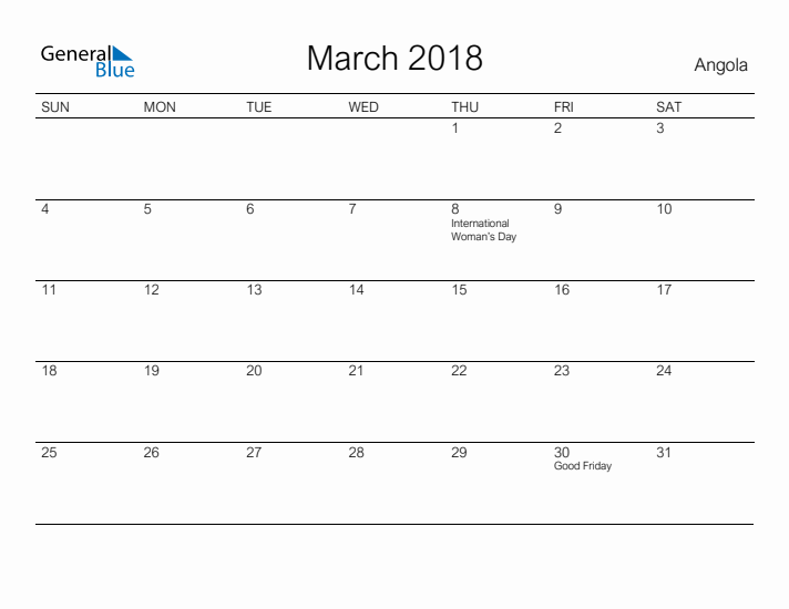 Printable March 2018 Calendar for Angola
