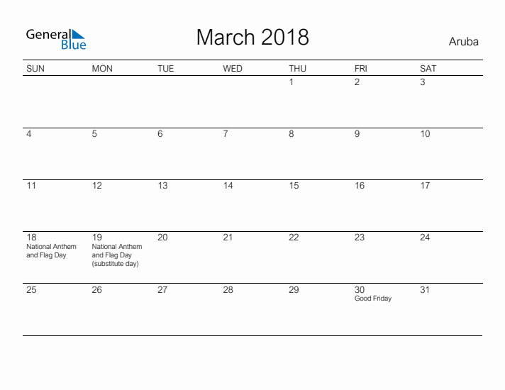 Printable March 2018 Calendar for Aruba