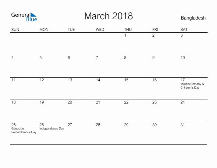 Printable March 2018 Calendar for Bangladesh