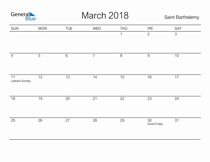Printable March 2018 Calendar for Saint Barthelemy