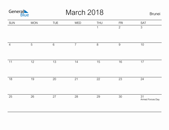 Printable March 2018 Calendar for Brunei