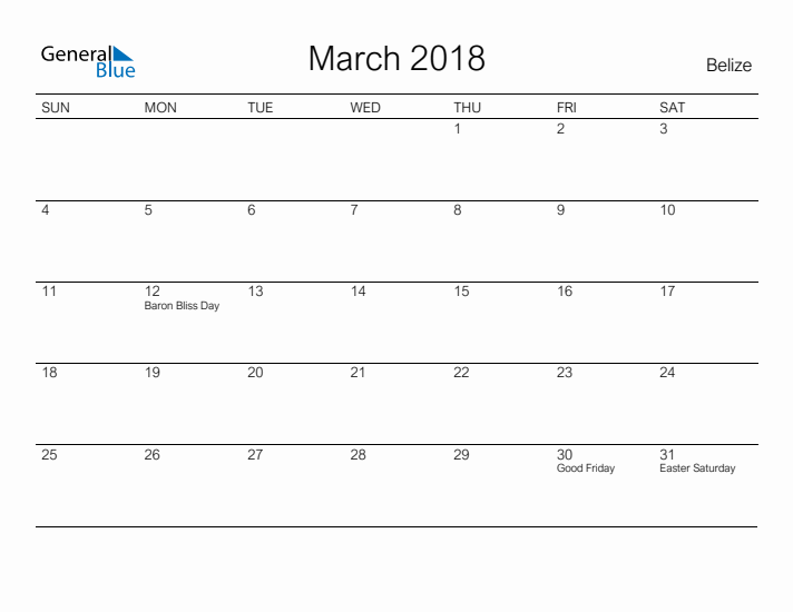 Printable March 2018 Calendar for Belize