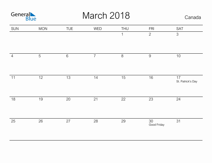 Printable March 2018 Calendar for Canada