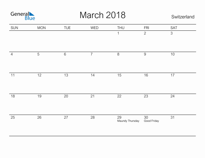 Printable March 2018 Calendar for Switzerland