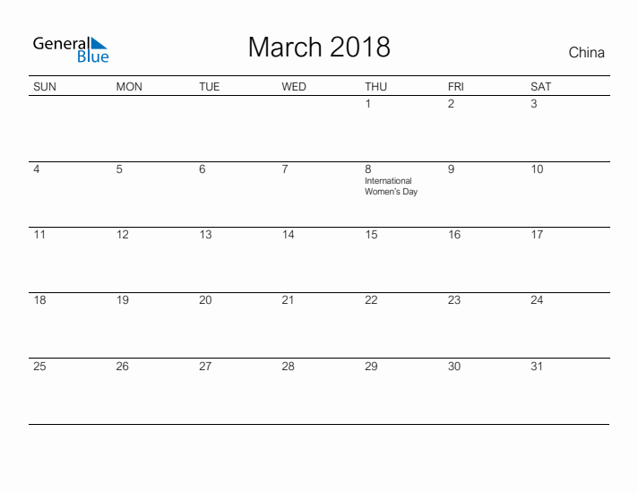 Printable March 2018 Calendar for China
