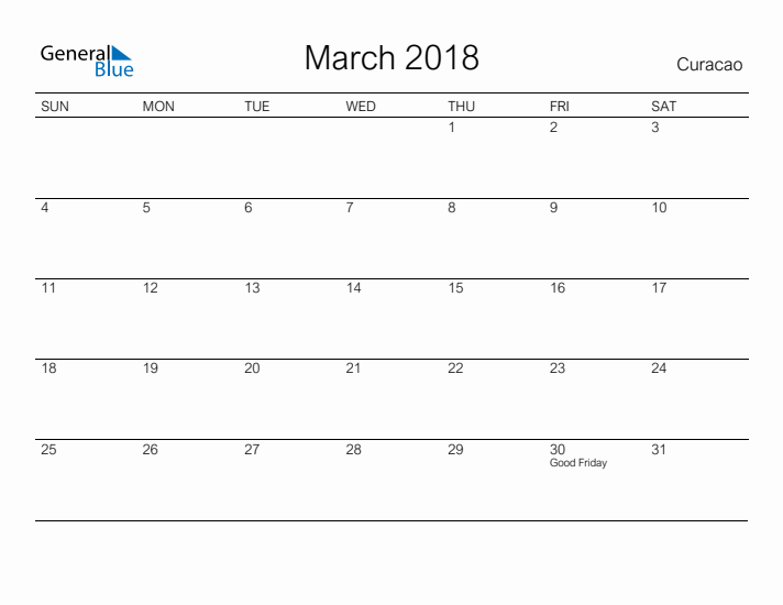 Printable March 2018 Calendar for Curacao