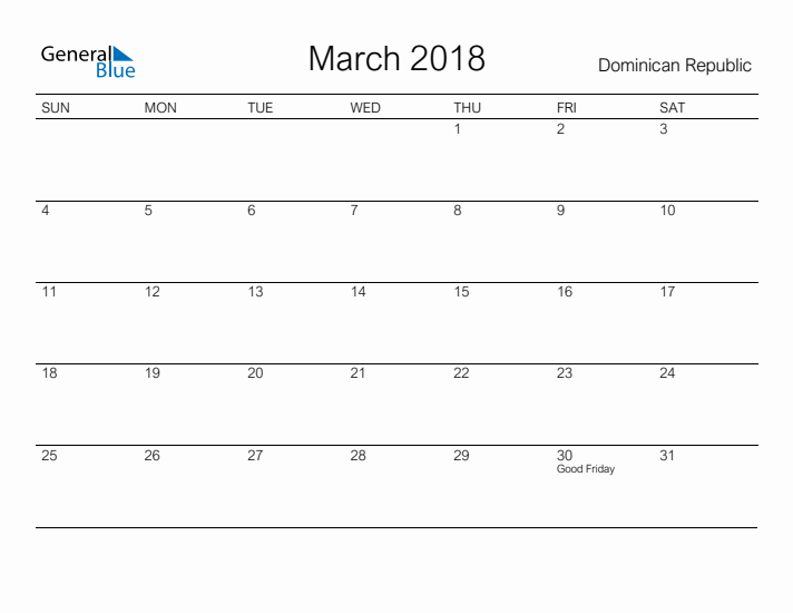 Printable March 2018 Calendar for Dominican Republic
