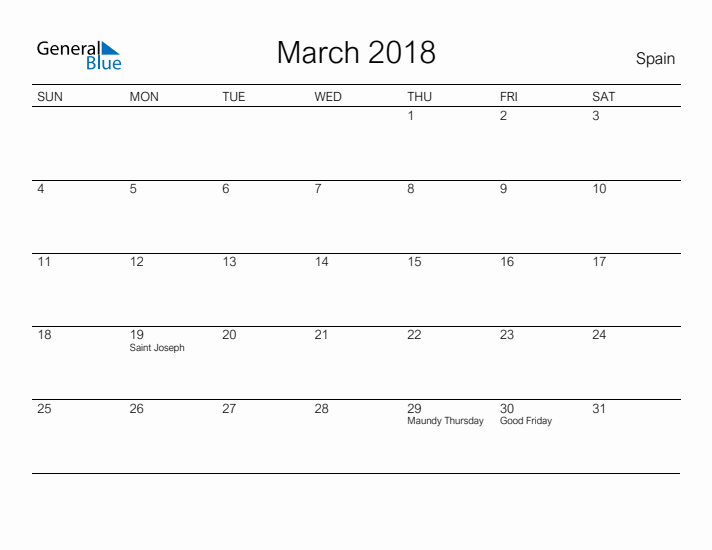 Printable March 2018 Calendar for Spain