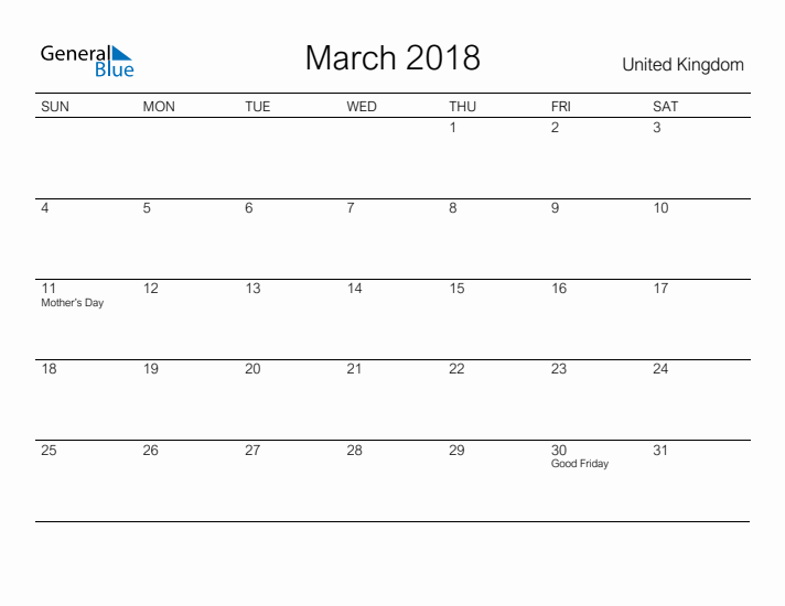 Printable March 2018 Calendar for United Kingdom