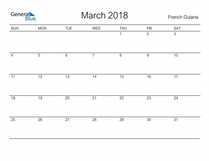 Printable March 2018 Calendar for French Guiana