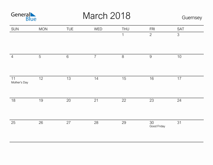 Printable March 2018 Calendar for Guernsey