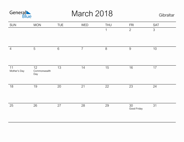 Printable March 2018 Calendar for Gibraltar