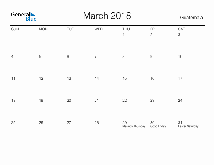 Printable March 2018 Calendar for Guatemala