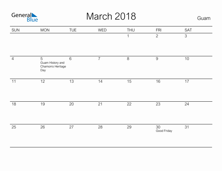 Printable March 2018 Calendar for Guam
