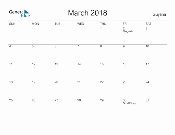 Printable March 2018 Calendar for Guyana