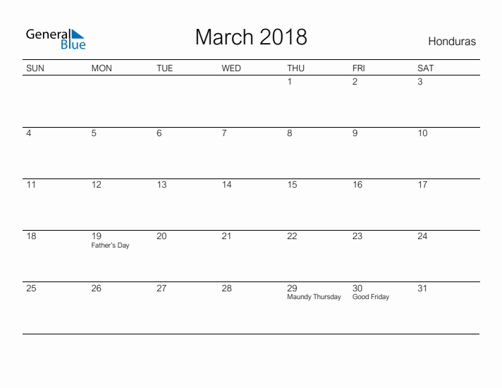 Printable March 2018 Calendar for Honduras