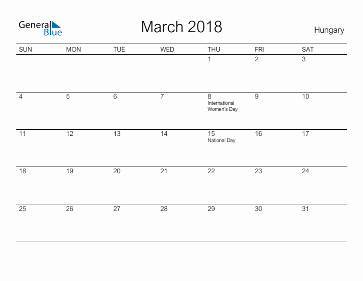 Printable March 2018 Calendar for Hungary