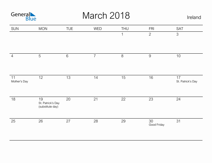 Printable March 2018 Calendar for Ireland