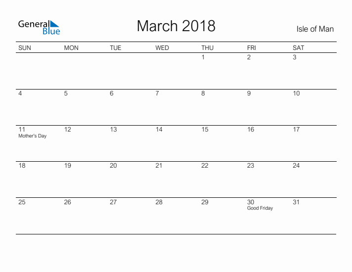 Printable March 2018 Calendar for Isle of Man