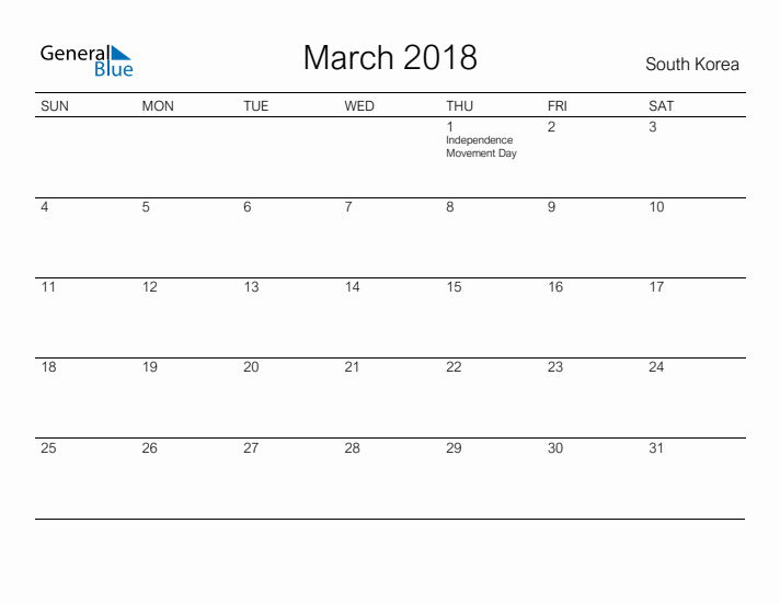 Printable March 2018 Calendar for South Korea