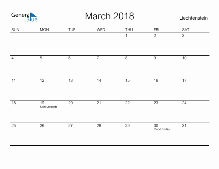 Printable March 2018 Calendar for Liechtenstein