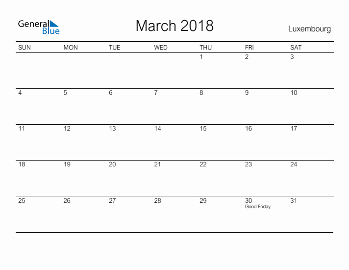 Printable March 2018 Calendar for Luxembourg