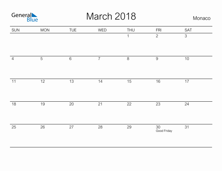 Printable March 2018 Calendar for Monaco